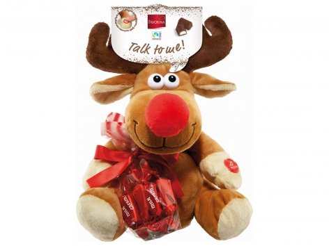 Renne en peluche qui parle avec chocolats