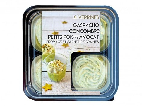 4 verrines gaspacho concombre, petits pois et avocat