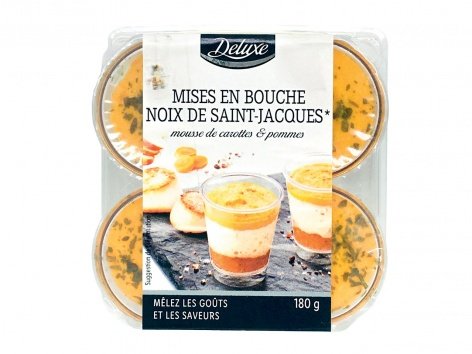4 mises en bouche noix de Saint-Jacques, mousse de carottes et pommes