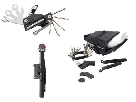 Outil multifonction pour vélo ou sacoche de selle avec outils ou mini-pompe à manomètre