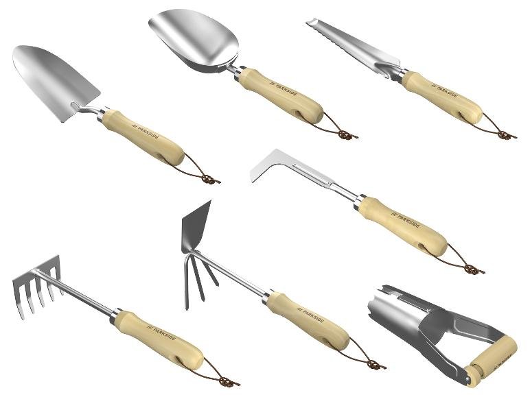 Transplantoir / Pelle à terre / Couteau à désherber / Râteau / Grattoir à joints en L / Double serf-houe / Planteur automatique