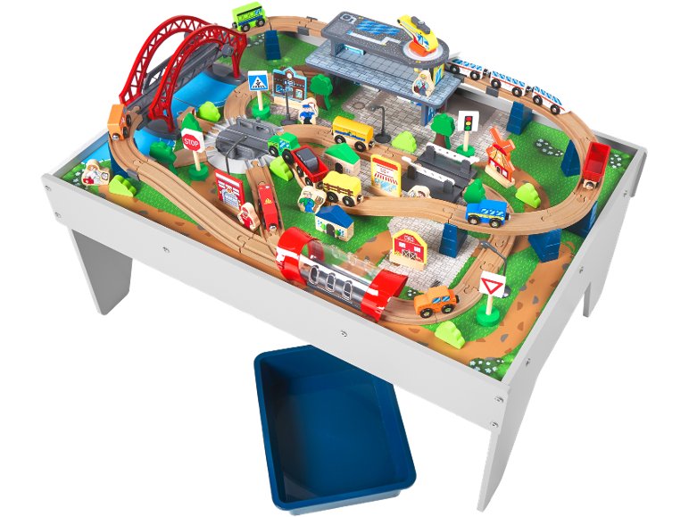 Table avec circuit de train en bois, 100 pièces
