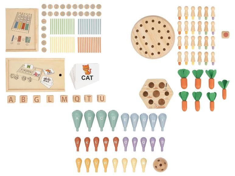 Jeu de mikado / Jeu de mémoire en bois / Jeu de cubes de lettres / Jeu à empiler carottes / Jeu à empiler cactus