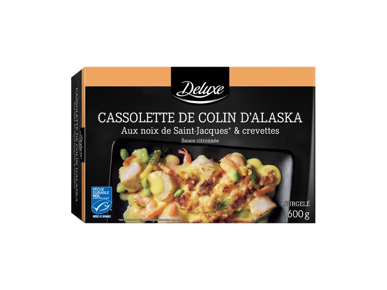 Cassolette au colin d'alaska, noix de saint jacques et crevettes