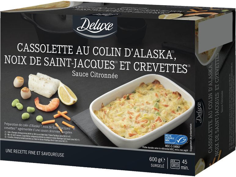Cassolette au colin d'alaska, noix de saint jacques et crevettes