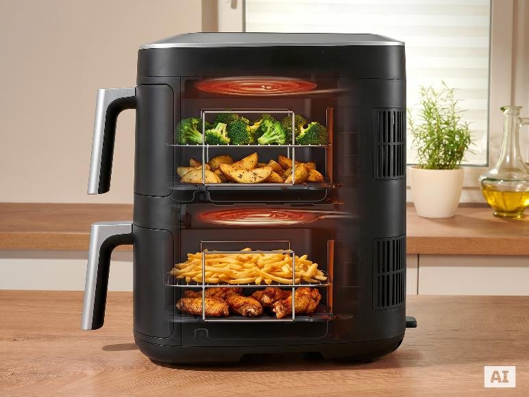 Friteuse à air chaud 2 zones superposées, 2 x 4,75L