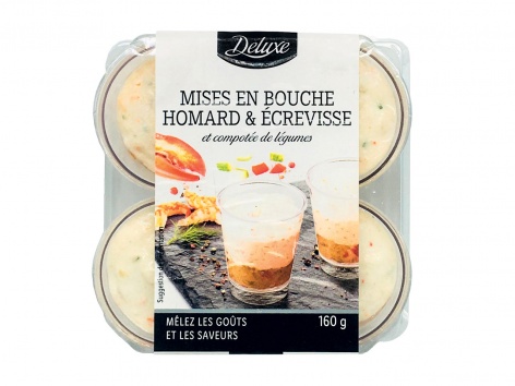 4 mises en bouche homard et écrevisses et compotée de légumes