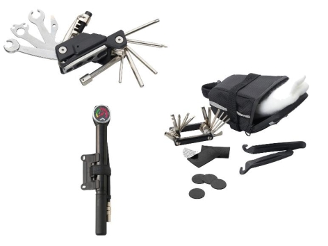 Outil multifonction pour vélo ou sacoche de selle avec outils ou mini-pompe à manomètre